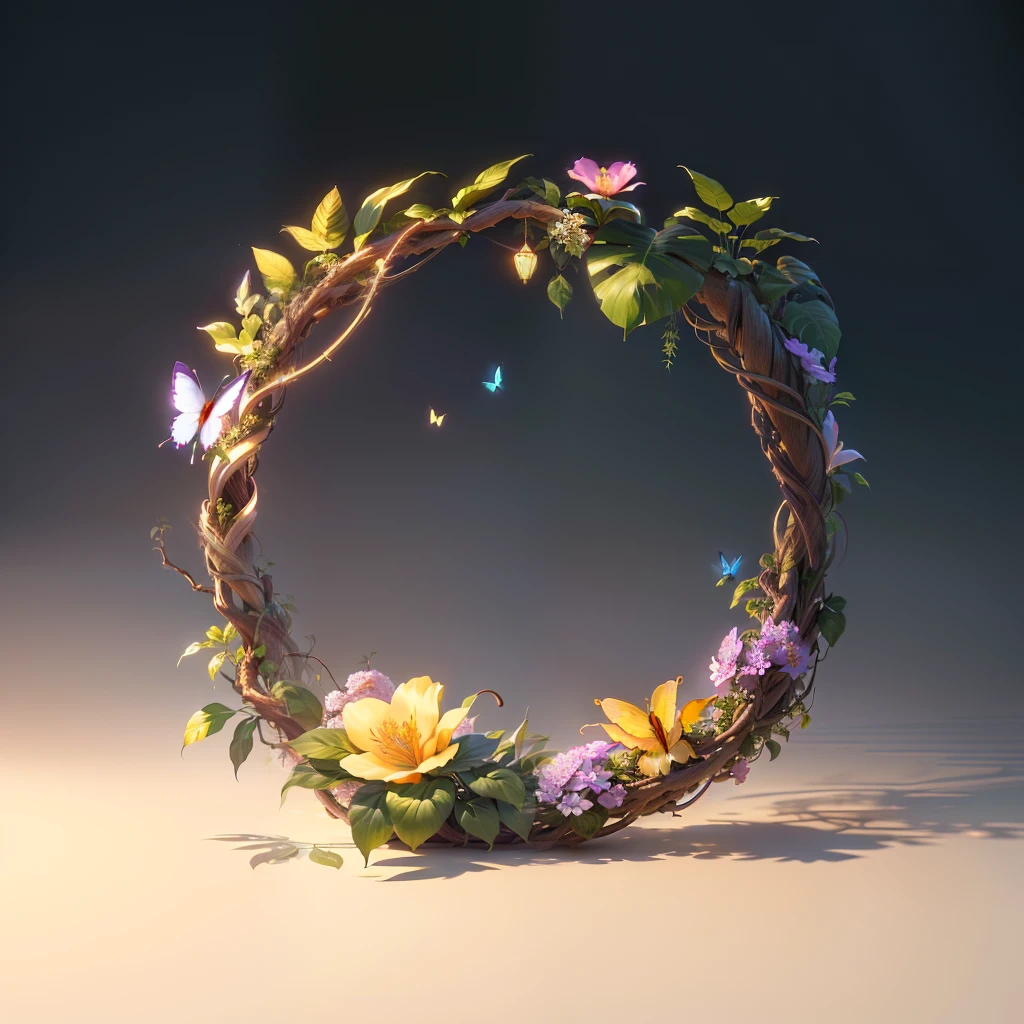 masterpiece, best quality, (extremely detailed CG unity 8k wallpaper), (best quality), (best illustration), (best shadow), UI interface frame design, natural elements, jungle theme, (circular shape), leaves, branches, vines, flowers, small butterfly, (simple background:1.5), particle effect, octane render, ray tracing, ultra detailed