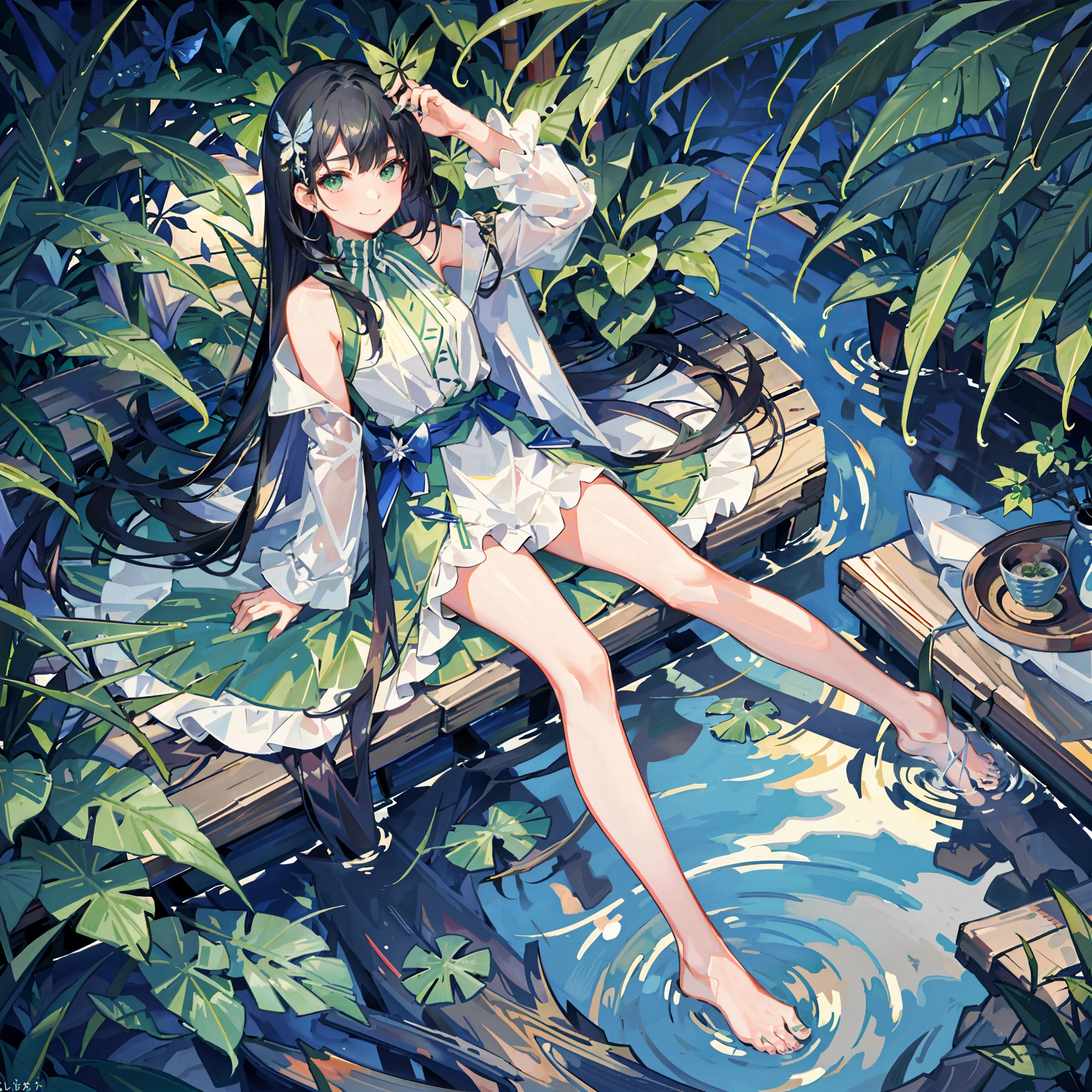 full_moon, leaf, moon, plant, potted_plant, bamboo, 1girl, palm_tree, butterfly, bug, water, tanabata, branch, barefoot, night, lily_pad, tanzaku, soaking_feet, vines, solo, outdoors, tree, sitting, black_hair, long_hair, wet, flower, smile, ivy, green_eyes, dress, lily_of_the_valley, sky, hair_ornament, bangs, blue_butterfly, bare_legs, looking_at_viewer, long_sleeves, nail_polish, palm_leaf