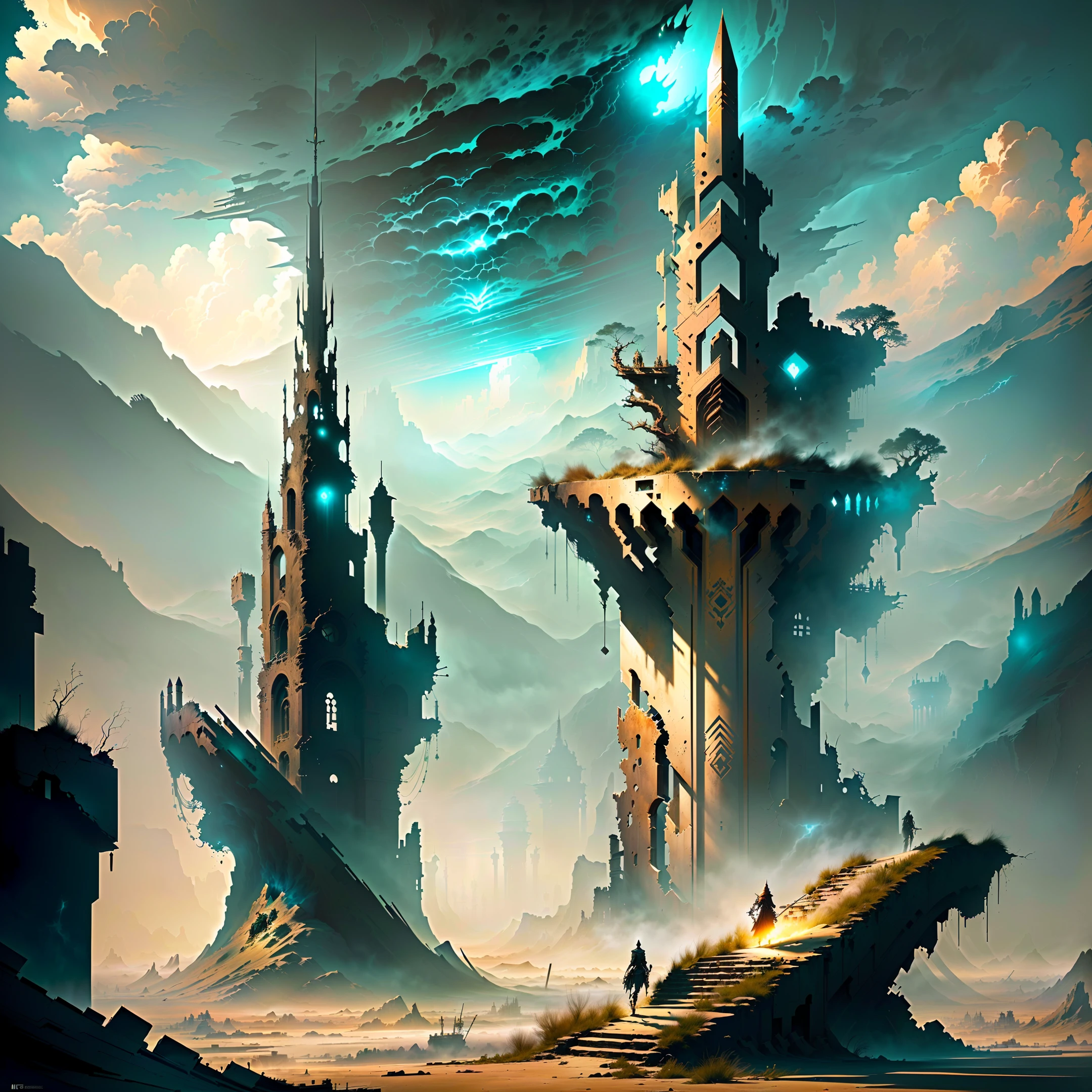 masterpiece, best quality, (A desolate wasteland, with abandoned structures and ruins,a murky sky filled with dark clouds, and a rolling mist across the desolate landscape).(On the vast expanse of wilderness, there is only one sword.),(An exquisitely detailed sword, with intricate details and unparalleled craftsmanship.),(extremely detailed CG unity 8k wallpaper), (best quality), (best illustration), (best shadow), absurdres, realistic lighting, (Abyss), beautiful detailed glow, art by PeterMohrBacher,