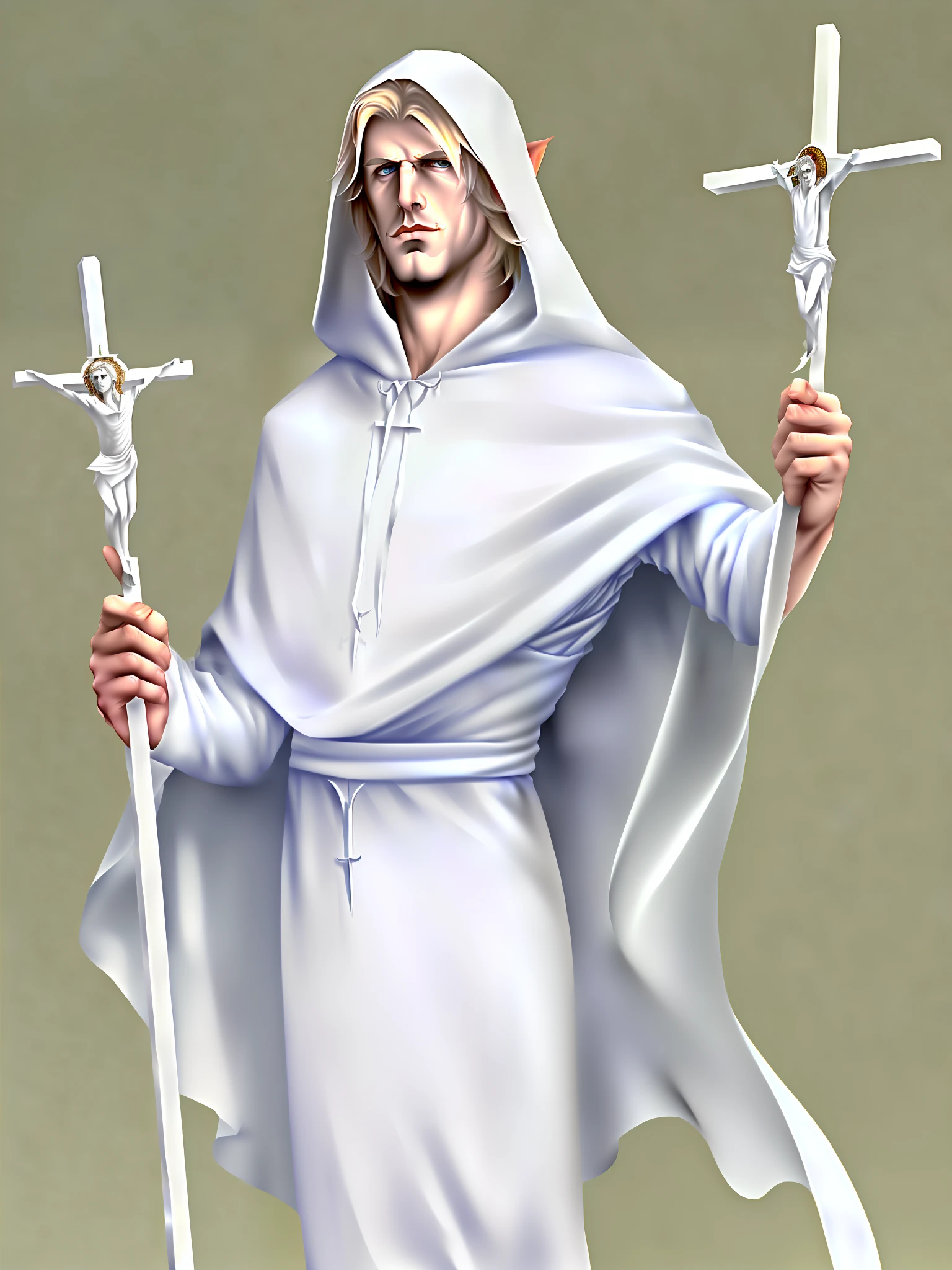 medieval style, white half elf male, holy priest with a white hood, holding a Holy Symbol,