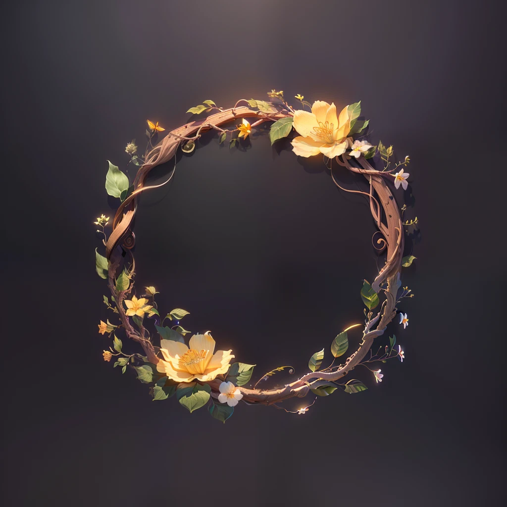 masterpiece, best quality, (extremely detailed CG unity 8k wallpaper), (best quality), (best illustration), (best shadow), UI interface frame design, (simple background:1.5), (circular shape), leaves, branches, (vines), flowers, small butterfly, particle effect, delicate, octane render, ray tracing, ultra detailed