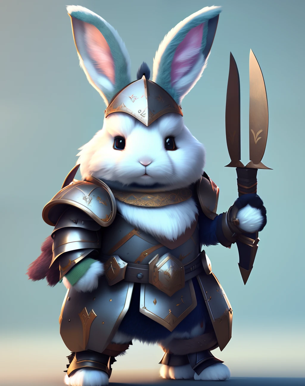 super cute fluffy rabbit warrior in armor, photorealistic, 4K, ultra detailed, vray rendering, unreal engine, midjourneyart style