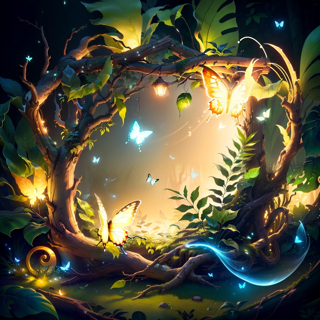 A masterpiece, best quality, (blank background), (blank in the middle), (extremely detailed CG unity 8k wallpaper), (best quality), (best illustration), (best shadow), UI interface The border design features natural elements of the forest theme. The avatar frame is designed in a round shape, surrounded by delicate leaves and branches, with fireflies and glowing particle effects, (UI interface frame design), (natural elements), (jungle theme), (square), (leaves) , (twigs), (fireflies), butterflies, (delicate leaves), (glow), (particle effects). , isometric 3D, octane rendering, ray tracing, super detailed