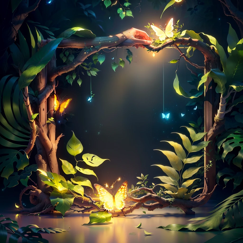 A masterpiece, best quality, (blank background), (blank in the middle), (extremely detailed CG unity 8k wallpaper), (best quality), (best illustration), (best shadow), UI interface The border design features natural elements of the forest theme. The avatar frame is designed in a round shape, surrounded by delicate leaves and branches, with fireflies and glowing particle effects, (UI interface frame design), (natural elements), (jungle theme), (square), (leaves) , (twigs), (fireflies), butterflies, (delicate leaves), (glow), (particle effects). , isometric 3D, octane rendering, ray tracing, super detailed