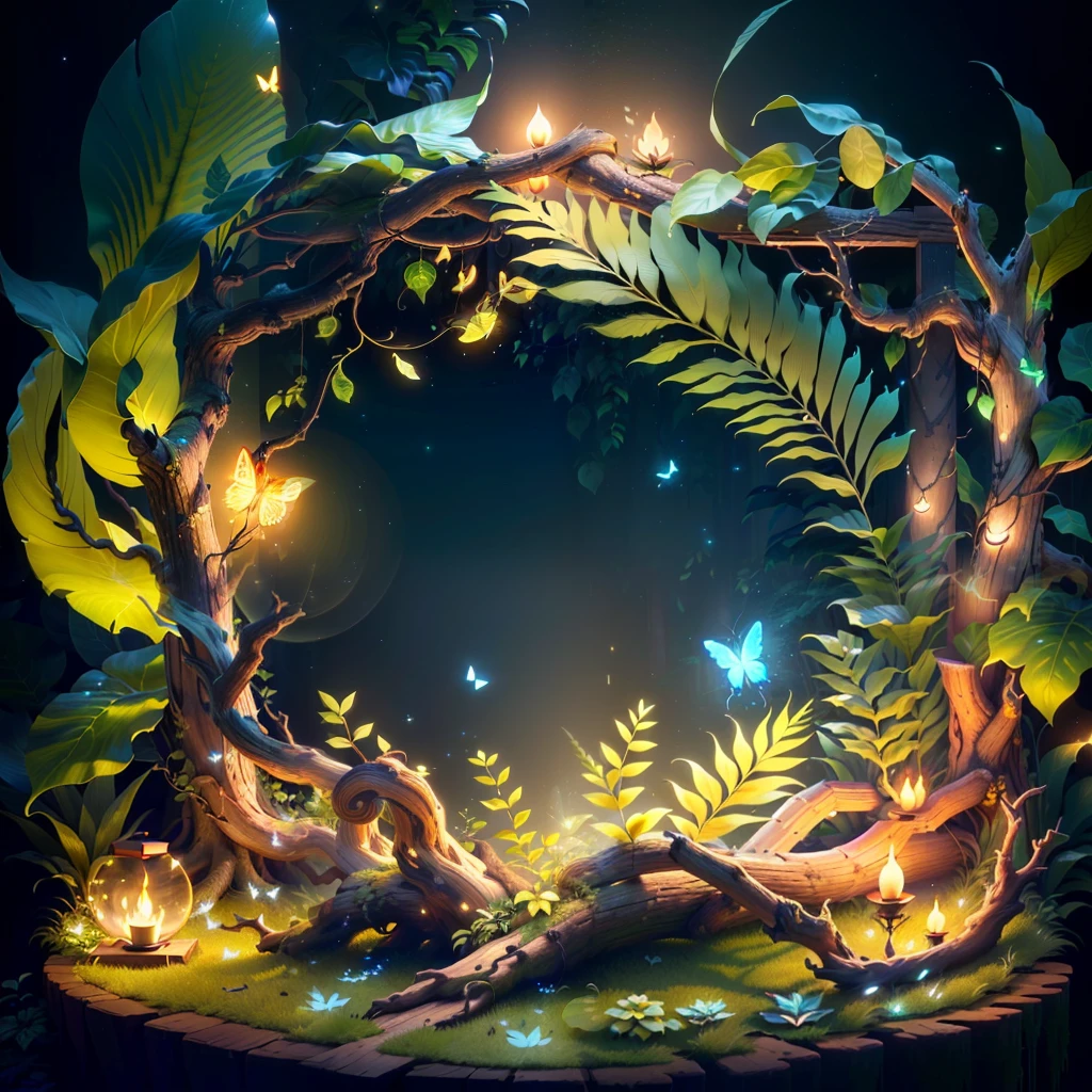 A masterpiece, best quality, (blank background), (blank in the middle), (extremely detailed CG unity 8k wallpaper), (best quality), (best illustration), (best shadow), UI interface The border design features natural elements of the forest theme. The avatar frame is designed in a round shape, surrounded by delicate leaves and branches, with fireflies and glowing particle effects, (UI interface frame design), (natural elements), (jungle theme), (square), (leaves) , (twigs), (fireflies), butterflies, (delicate leaves), (glow), (particle effects). , isometric 3D, octane rendering, ray tracing, super detailed