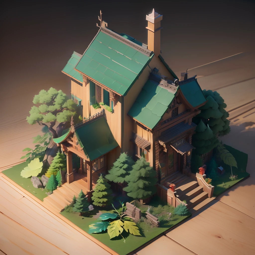 masterpiece, best quality, (extremely detailed CG unity 8k wallpaper), (best quality), (best illustration), (best shadow), Primary materials are wood, glazed tiles, metal, and tree leaves, isometric 3D, octane render,ray tracing,ultra detailed