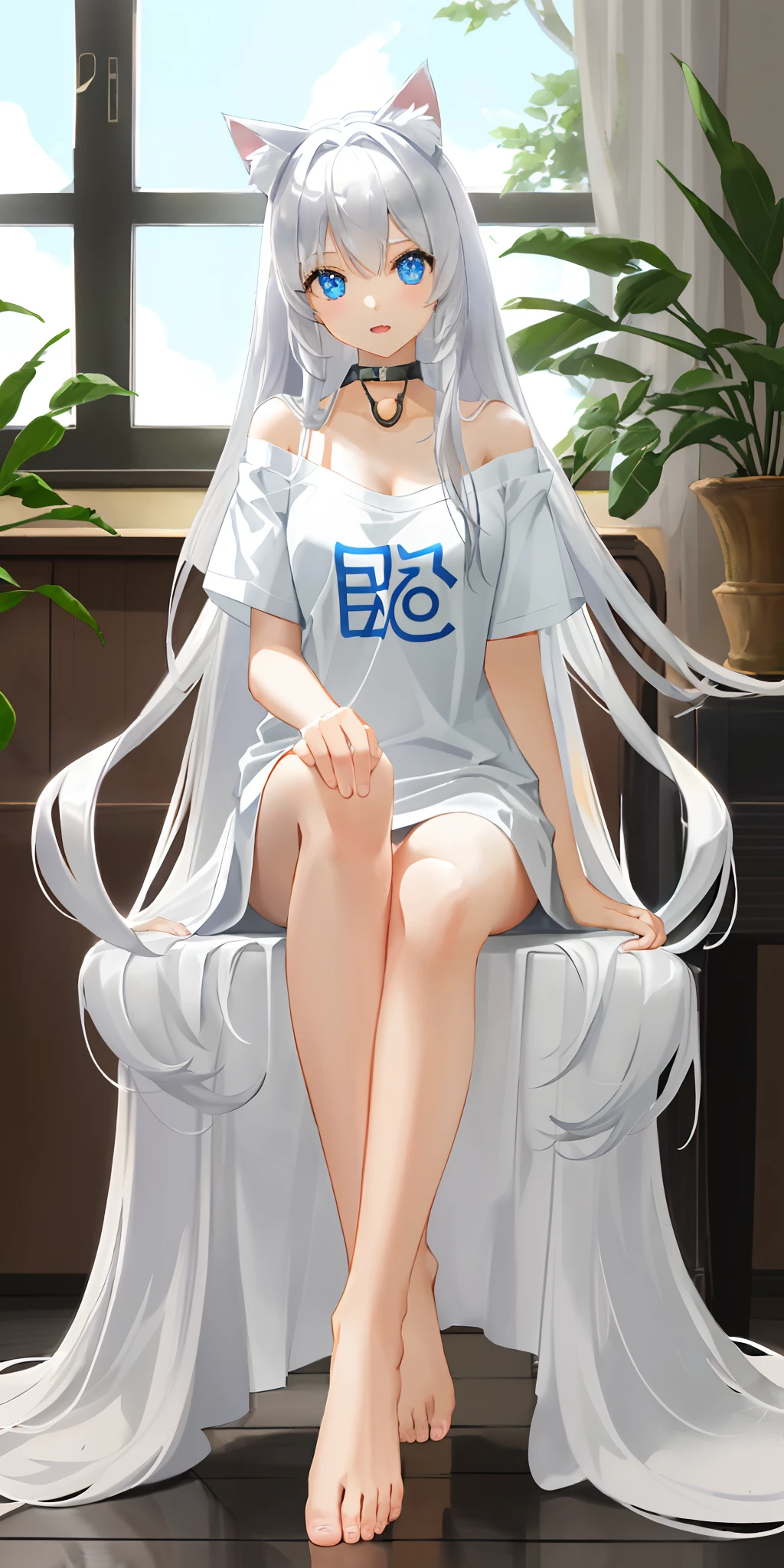 Cat girl with white long hair and blue eyes, wearing an oversized t-shirt and sitting with her legs crossed, She has cat ears, a slight fang peeking out from her slightly opened mouth, beautiful big eyes, Realistic like a human, Collar, barefoot, bare right shoulder, Sunlight, window perch, highly detailed, detailed and intricate environment, 8K, sharp focus, whiskers