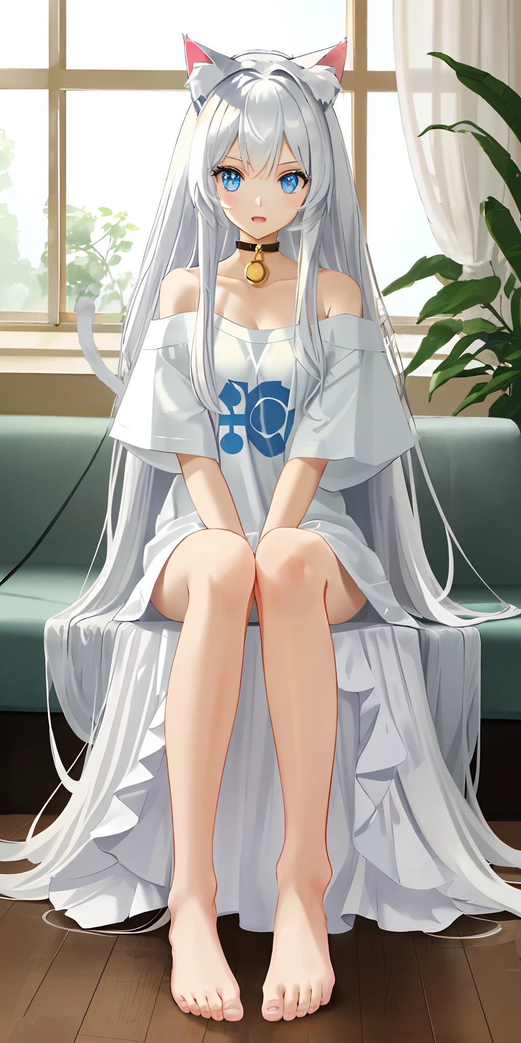 Cat girl with white long hair and blue eyes, wearing an oversized t-shirt and sitting with her legs crossed, She has cat ears, a slight fang peeking out from her slightly opened mouth, beautiful big eyes, Realistic like a human, Collar, barefoot, bare right shoulder, Sunlight, window perch, highly detailed, detailed and intricate environment, 8K, sharp focus, whiskers