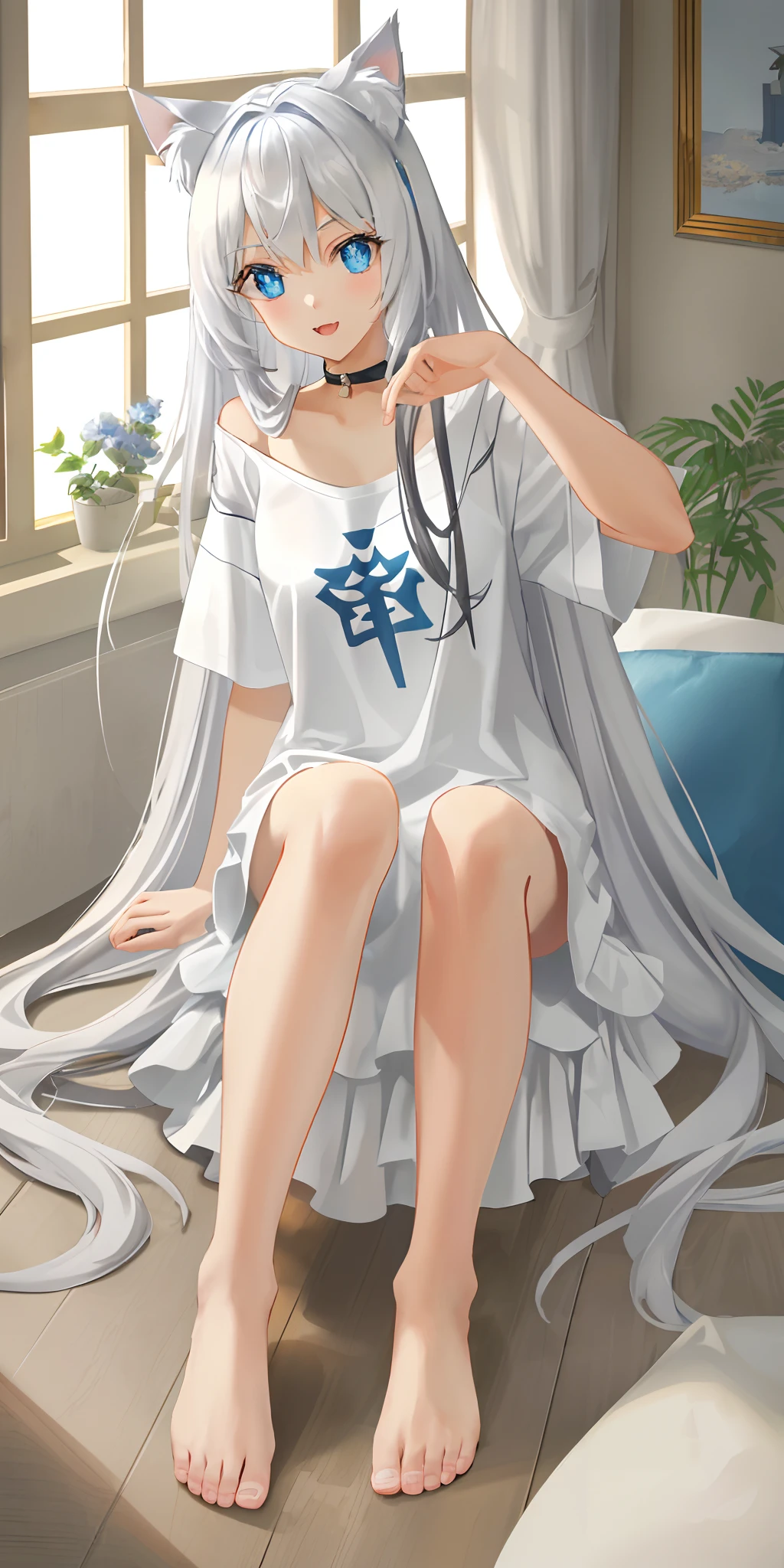Cat girl with white long hair and blue eyes, wearing an oversized t-shirt and sitting with her legs crossed, She has cat ears, a slight fang peeking out from her slightly opened mouth, beautiful big eyes, Realistic like a human, Collar, barefoot, bare right shoulder, Sunlight, window perch, highly detailed, detailed and intricate environment, 8K, sharp focus, whiskers