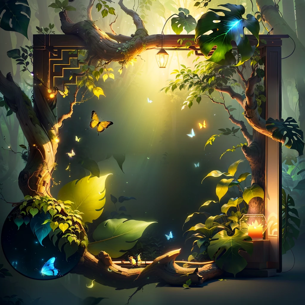 A masterpiece, best quality, (blank background), (blank in the middle), (extremely detailed CG unity 8k wallpaper), (best quality), (best illustration), (best shadow), UI interface The border design features natural elements of the forest theme. The avatar frame is designed in a round shape, surrounded by delicate leaves and branches, with fireflies and glowing particle effects, (UI interface frame design), (natural elements), (jungle theme), (square), (leaves) , (twigs), (fireflies), butterflies, (delicate leaves), (glow), (particle effects). , isometric 3D, octane rendering, ray tracing, super detailed