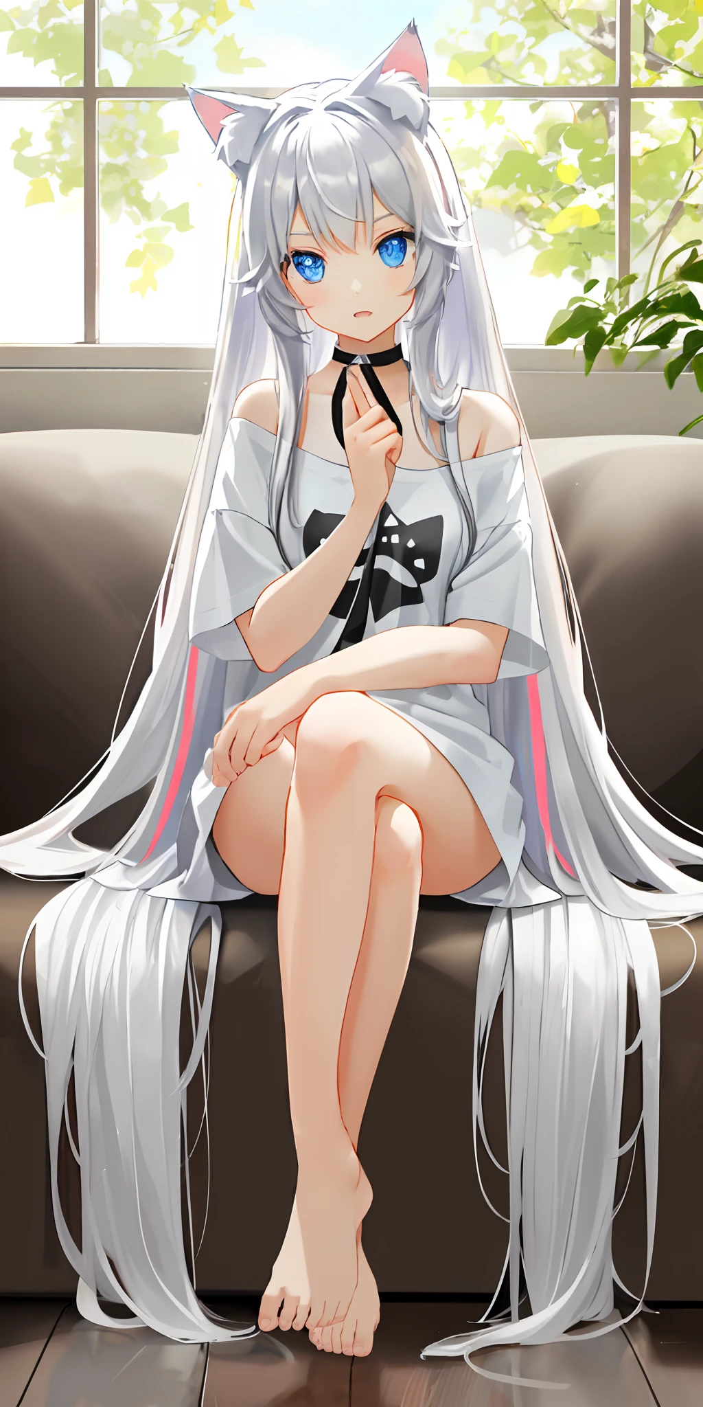 Cat girl with white long hair and blue eyes, wearing an oversized t-shirt and sitting with her legs crossed, She has cat ears, a slight fang peeking out from her slightly opened mouth, beautiful big eyes, Realistic like a human, Collar, barefoot, bare right shoulder, Sunlight, window perch, highly detailed, detailed and intricate environment, 8K, sharp focus, whiskers