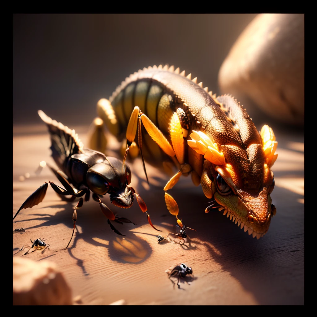 Masterpiece, best quality, (extremely detailed CG unified 8k wallpaper), (best quality), (best illustration), (best shadow), small ant attacking a super large lizard, reference image, isometric 3D, octane rendering, ray tracing, ultra detailed