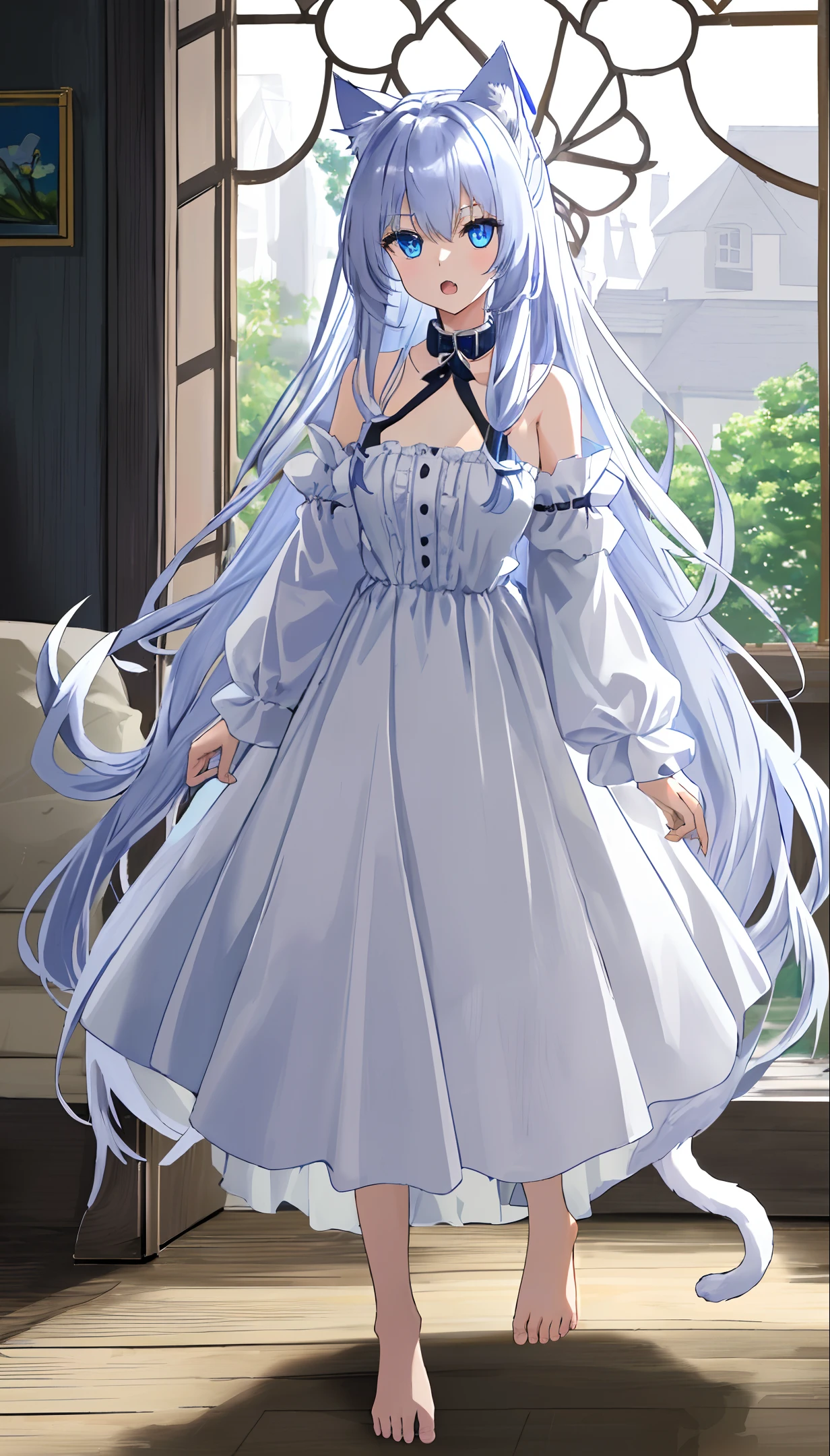 Cat girl with white long hair and blue eyes, wearing a oversize shirt, open neckline, She has cat ears, a slight fang peeking out from her slightly opened mouth, beautiful big eyes, Realistic like a human, Collar, barefoot, bare right shoulder, Sunlight, window perch, highly detailed, detailed and intricate environment, 8K, sharp focus, whiskers