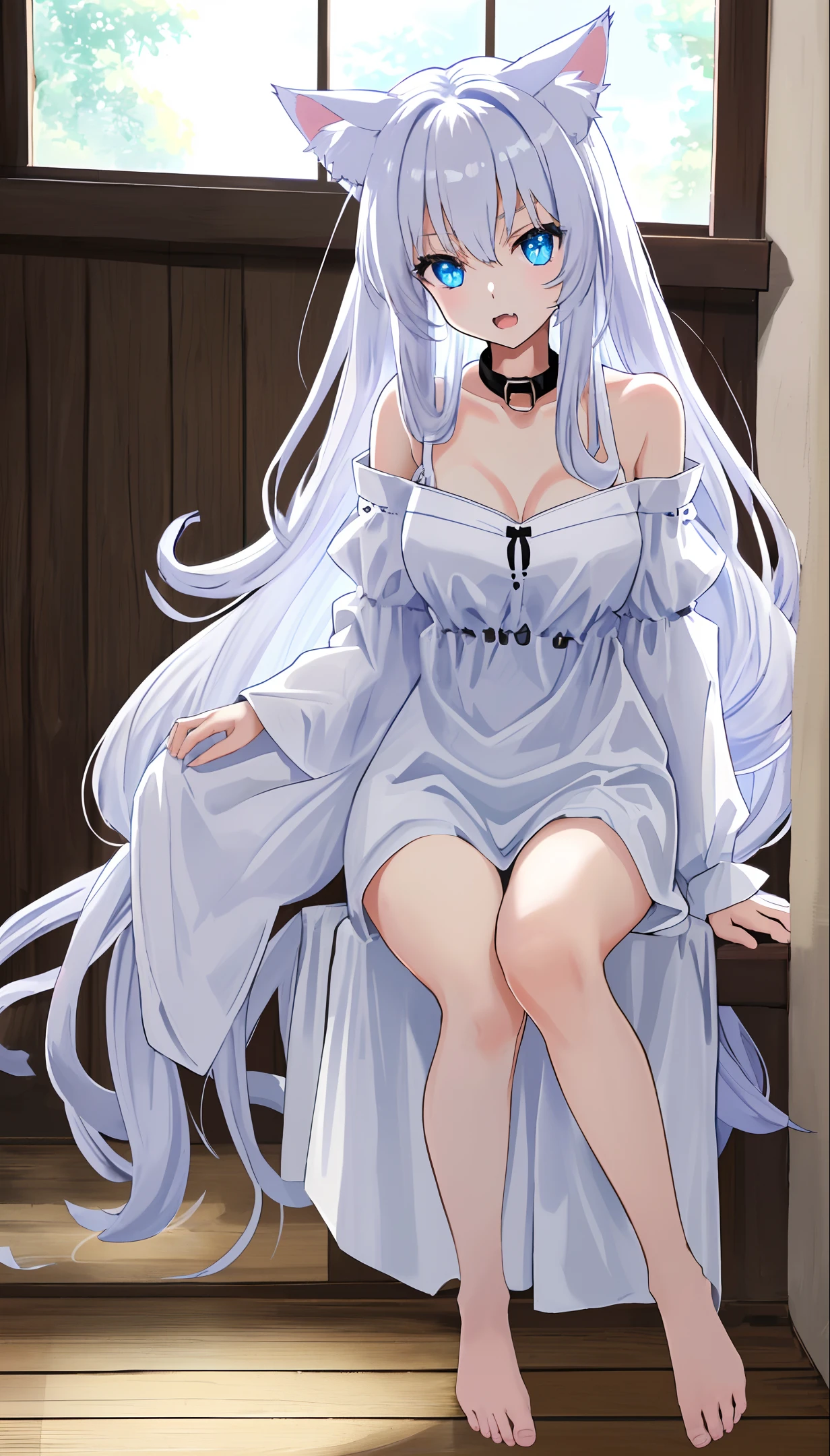 Cat girl with white long hair and blue eyes, wearing a oversize shirt, open neckline, She has cat ears, a slight fang peeking out from her slightly opened mouth, beautiful big eyes, Realistic like a human, Collar, barefoot, bare right shoulder, Sunlight, window perch, highly detailed, detailed and intricate environment, 8K, sharp focus, whiskers