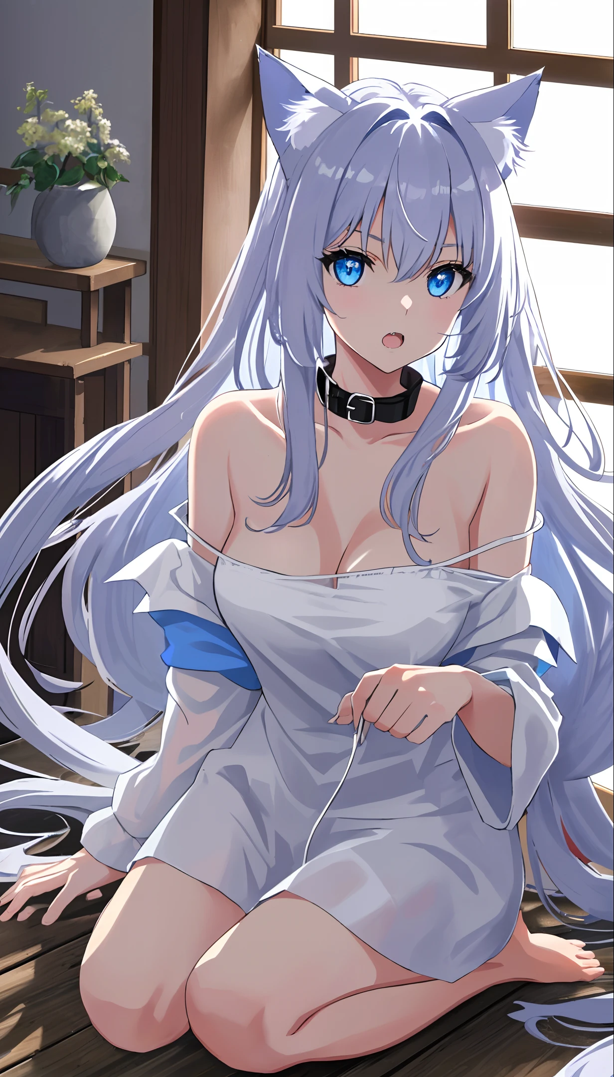 Cat girl with white long hair and blue eyes, wearing a oversize shirt, open neckline, She has cat ears, a slight fang peeking out from her slightly opened mouth, beautiful big eyes, Realistic like a human, Collar, barefoot, bare right shoulder, Sunlight, window perch, highly detailed, detailed and intricate environment, 8K, sharp focus, whiskers