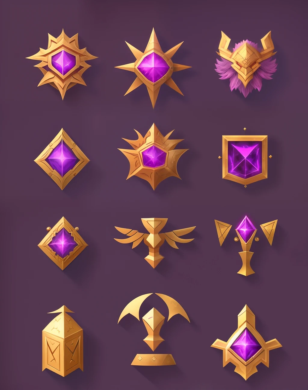 Weapon equipment icon, an animated set of various items for a game, in the style of whimsical magic, dark magenta and light gold, airbrush art, артур скижали-вейс, realistic oil paintings, mythological references, scientific illustrations --ar 35:32 --v 5
