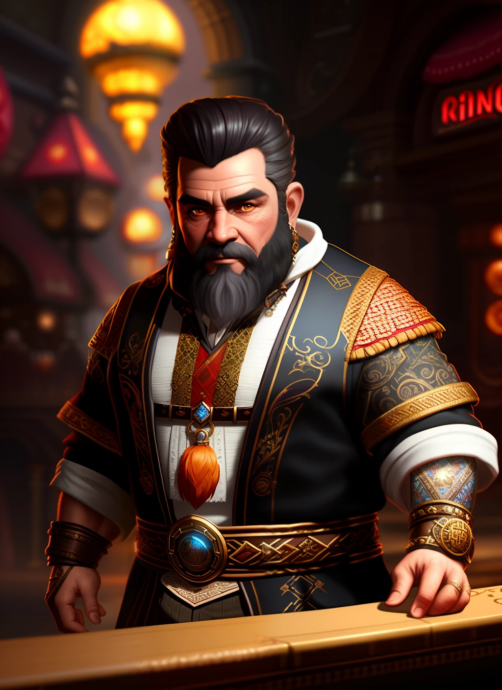 8k rendering, realistic digital painting of a rpg dwarf thief, casino, intricate details, fantasy universe, intricate magical embroidery, very detail hair, very detail eyes, intense face, [elden ring|d & d] concept art, rpg portrait, octane render, cinematic lighting, (soft shadow:1.2), depth of field, splash art, art by wlop and greg rutkowski