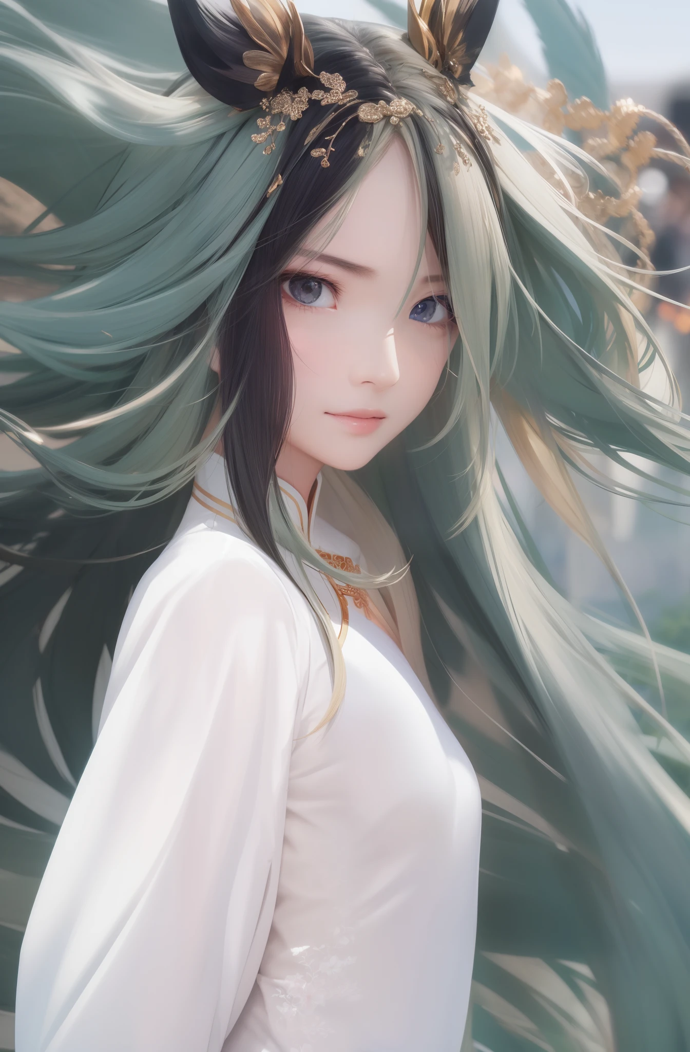 best quality, masterpiece, upper body,
woman,
windblown blonde hair,
sparkling eyes,
chinese style close,
windy,