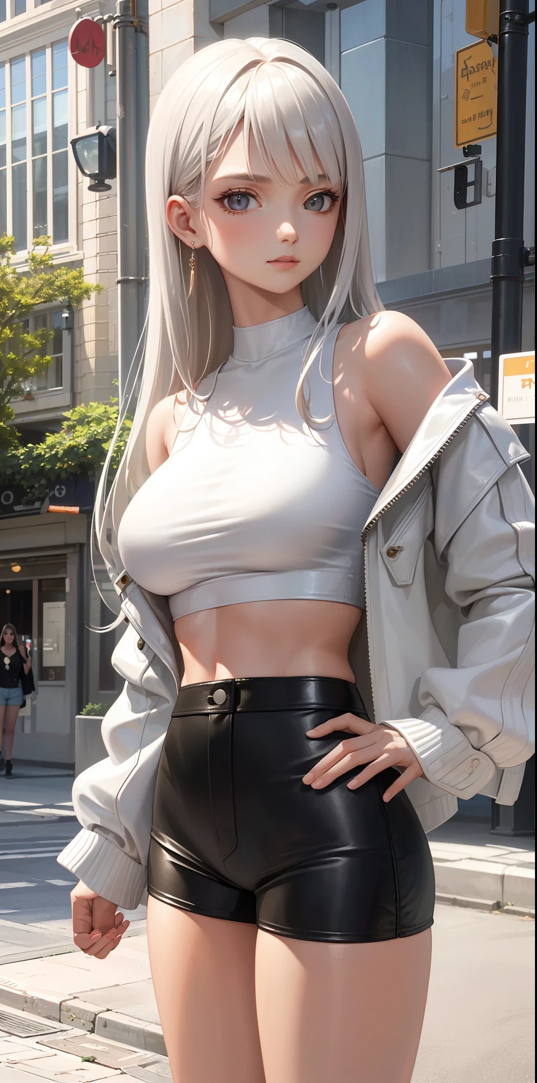 (masterpiece:1.6, best quality), (finely detailed beautiful eyes: 1.2), (Overhead view), high quality, beautiful face, 1girl, wide shot, white crop top, leather short shorts, oversized leather jacket, open shoulders, silver hair, large breasts, long hair, wide hips, (leaning to the side, ), street, background, detailed background,
