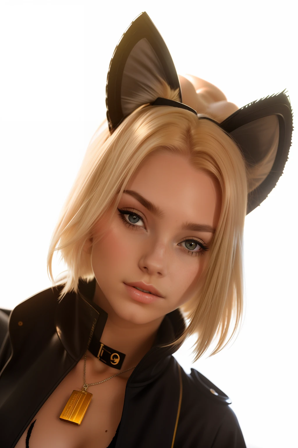 masterpiece, 8k, wallpaper, (detailed), beautiful woman, blonde hair ,Cat ears pale skin, wearing black jumpsuit, oily skin, dirty, car mechanic, garage, ((high detailed skin, skin details)), sharp focus, 8k uhd, dslr, high quality, film grain,