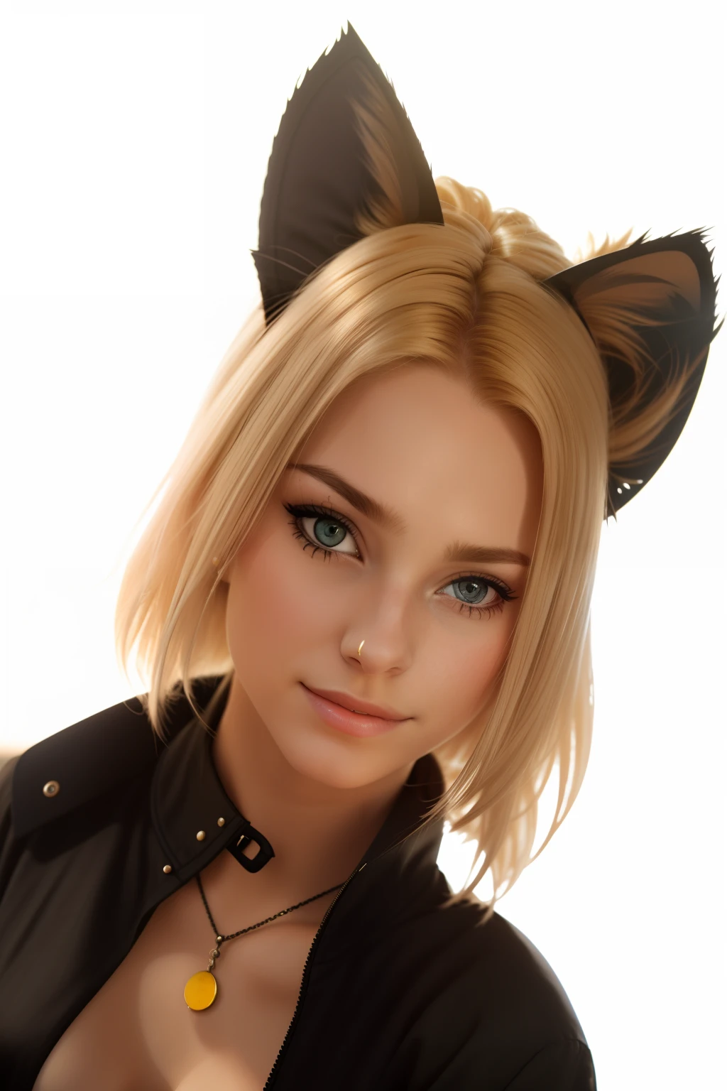 masterpiece, 8k, wallpaper, (detailed), beautiful woman, blonde hair ，Cat ears ，Bad Smile，pale skin, wearing black jumpsuit, oily skin, dirty, car mechanic, garage, ((high detailed skin, skin details)), sharp focus, 8k uhd, dslr, high quality, film grain,