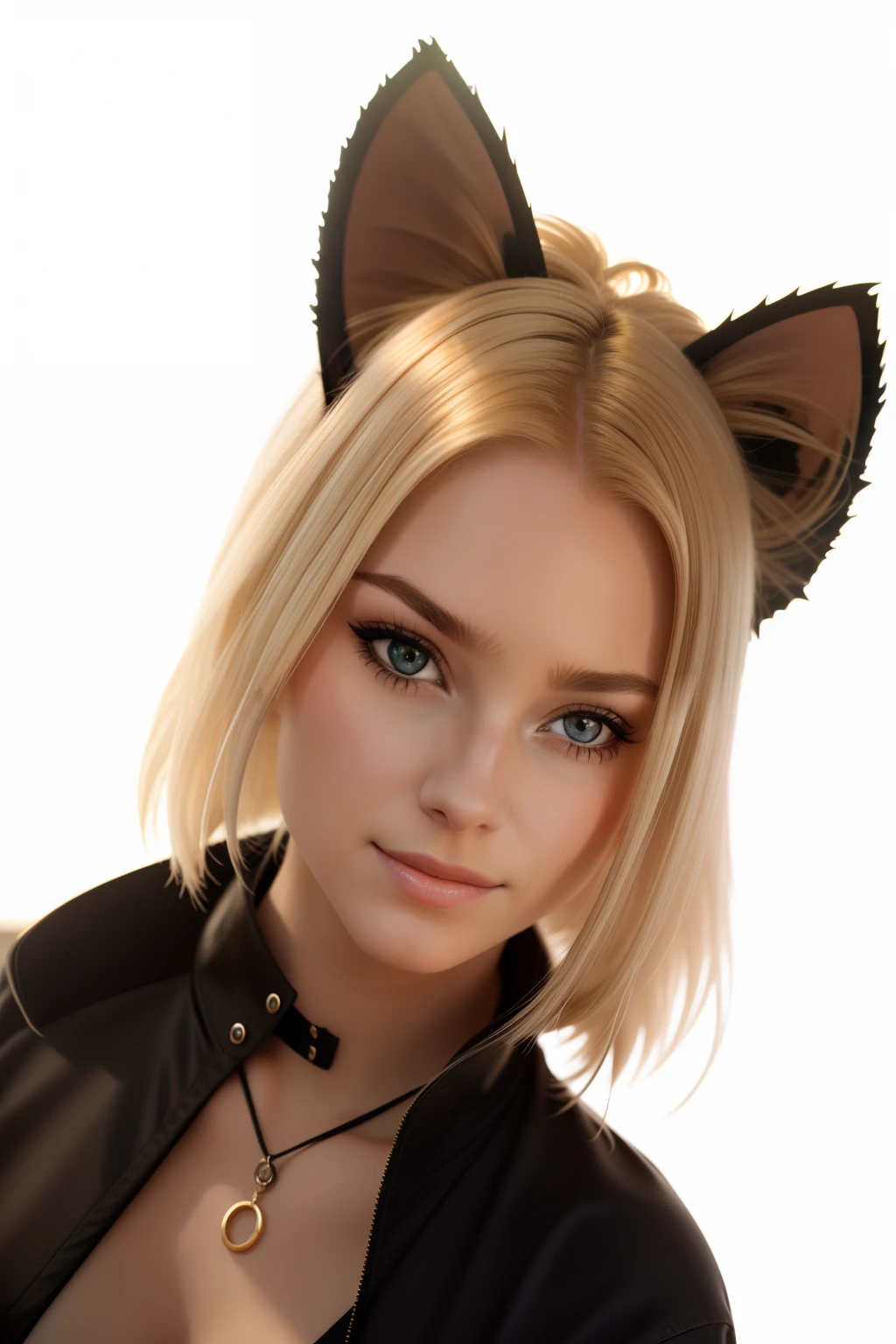 masterpiece, 8k, wallpaper, (detailed), beautiful woman, blonde hair ,Cat ears ,Bad Smile,pale skin, wearing black jumpsuit, oily skin, dirty, car mechanic, garage, ((high detailed skin, skin details)), sharp focus, 8k uhd, dslr, high quality, film grain,