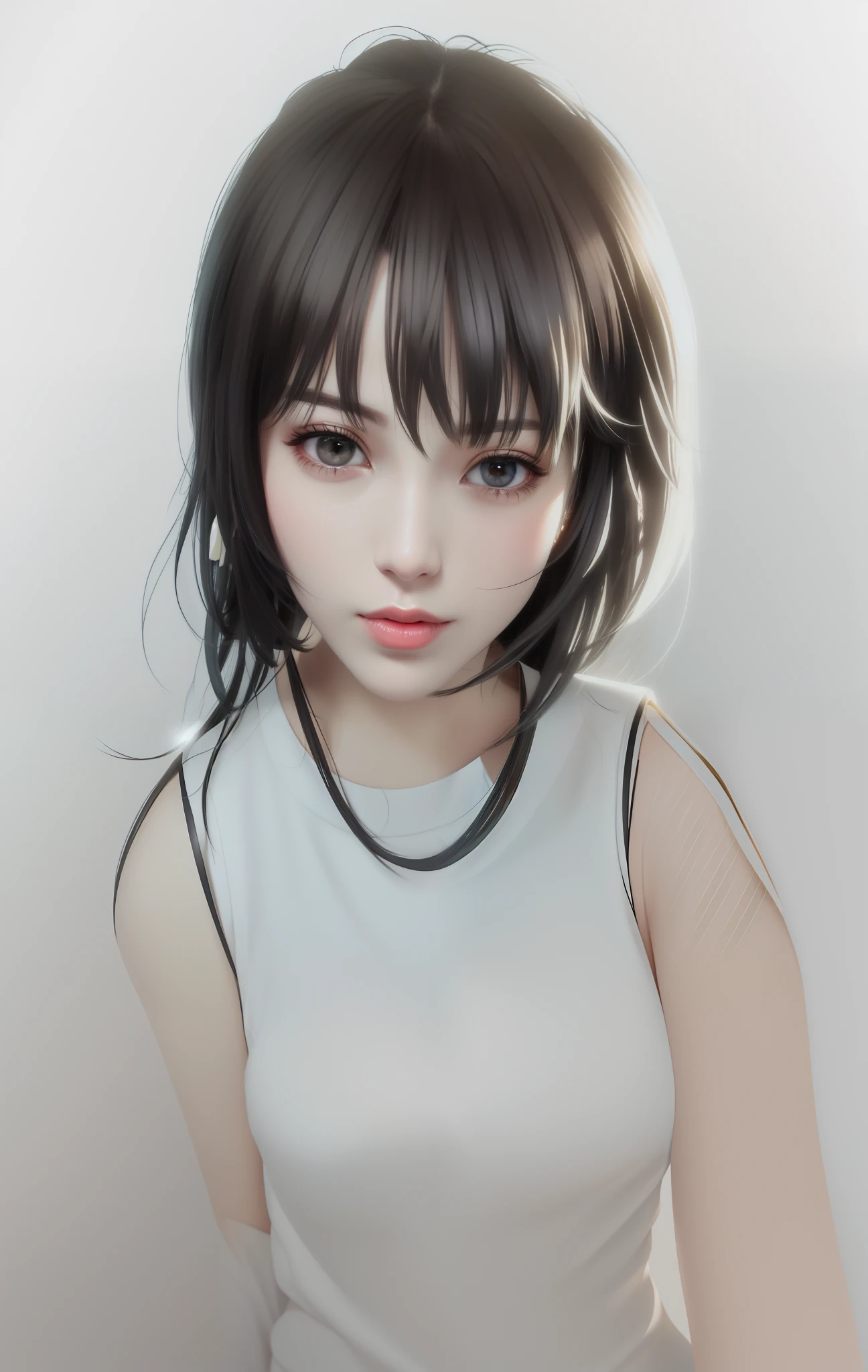 "(Extremely detailed CG unity 8k wallpaper, presenting the best quality and finest illustration.) Featuring (1girl) in a dynamic angle, with (black hair) and a (white T-shirt), conveying a simple and pure vibe in a lovely close-up shot. Her skin is as smooth and delicate as white jade with a rosy tint."Increase the correct pores of the skin and add silkiness to the hair.