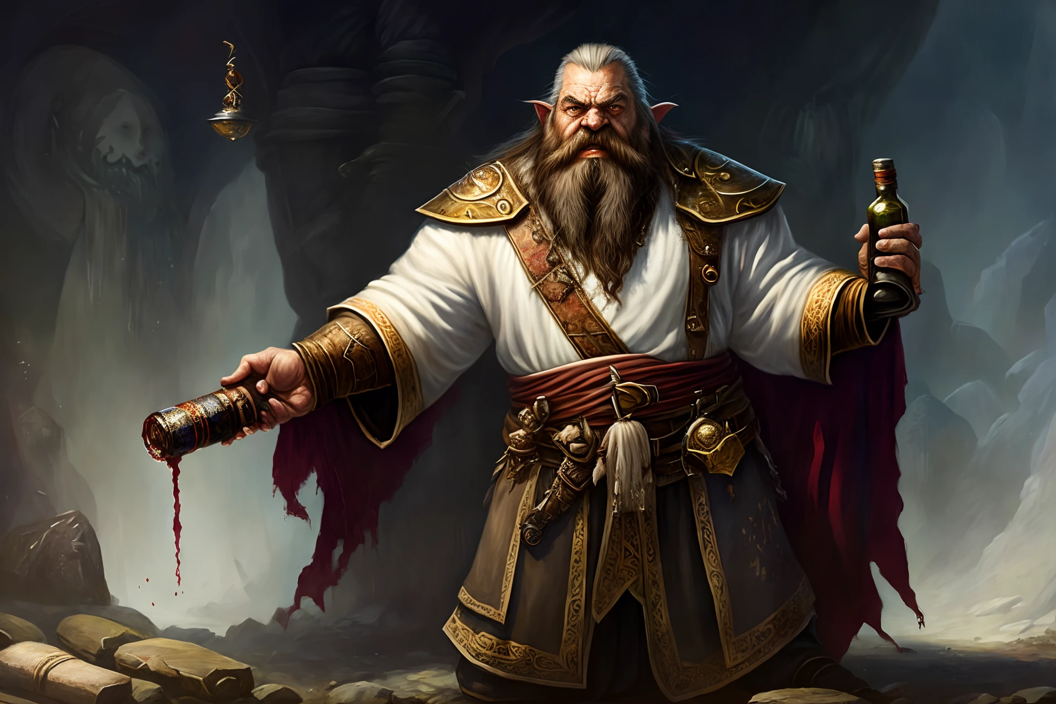 A realistic painting of once strong ugly dwarf from World of Warcraft with a long beard, dressed in a white linen robe stained with a hint of blood,holding a wine bottle in his hand .((Realistic)),(full body),standing