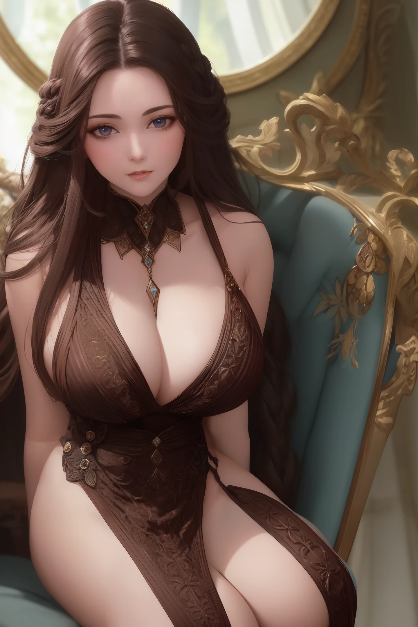 "Feast your eyes on this masterpiece! The best quality image showcases a woman with braided bronze brown hair, azure eyes, and an alluring plunging neckline 1920s dress that highlights her ample cleavage. The upper body shot is just the beginning of the stunning image, completed with an artistic flourish of . Enjoy this breathtaking work of art!"