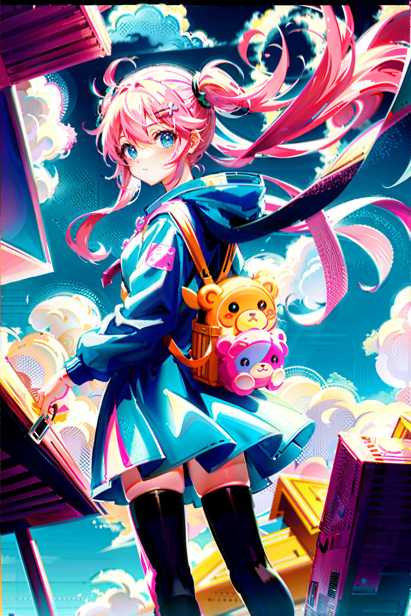 (aesthetic, anime-style)a cute girl with pink twin-tails, carrying a large backpack full of doughnuts, surrounded by animal-shaped sweets floating in the sky, against a backlit background, with vibrant and colorful tones，floating in the sky is a gorgeous pink marshmallow bear, soaring through the clouds.
