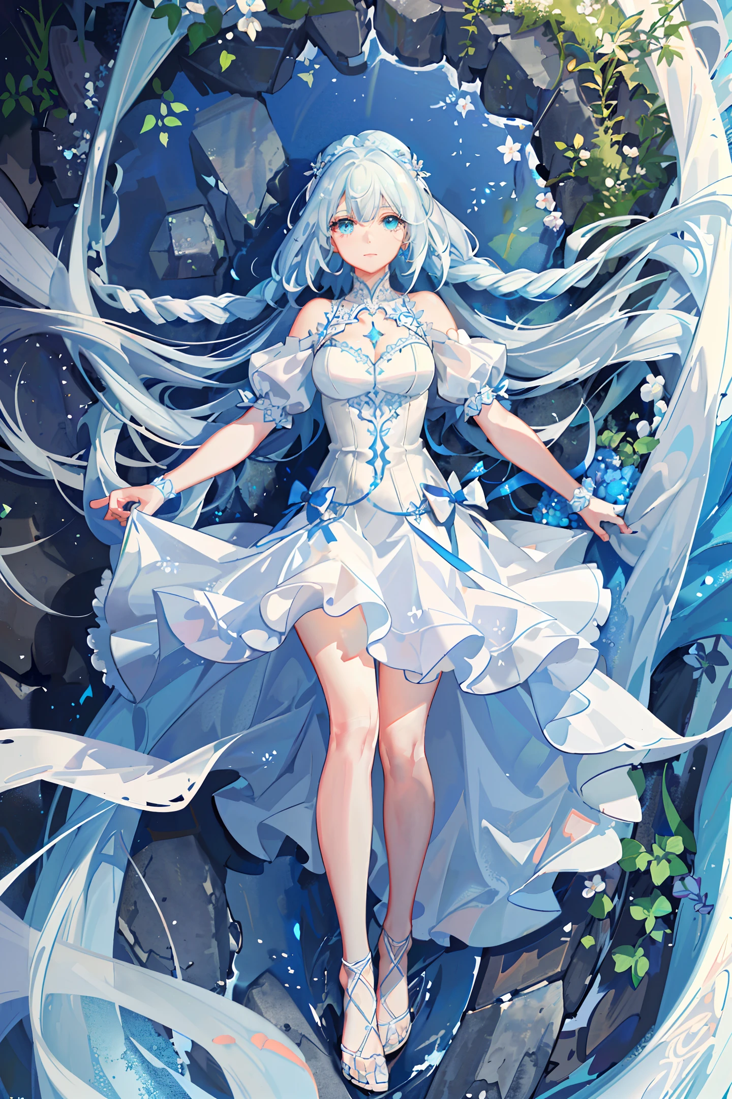 (A gorgeous masterpiece with the best quality ultra-detailed CG Unity 8k wallpaper) featuring an extremely delicate and beautiful white-haired girl crying under a blue sky, donning a stunningly white wedding dress with two braided hair twisted into (twist braids). Her (blue-green eyes) captivatingly complement her beauty, and the shot (angles against the light) which creates an awe-inspiring view.