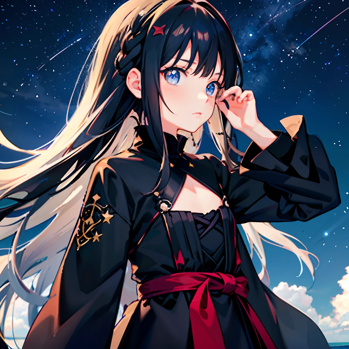 1girl, solo, long hair, sky, black hair, star (sky), looking at viewer, long sleeves, starry sky, bangs, closed mouth, blue eyes, night, cloud, shooting star, from side, night sky, outdoors,beach, sleeves past wrists, wide sleeves, moon, breasts, very long hair, sidelocks, small breasts, belt, blush, looking to the side, gothic,blood red moon