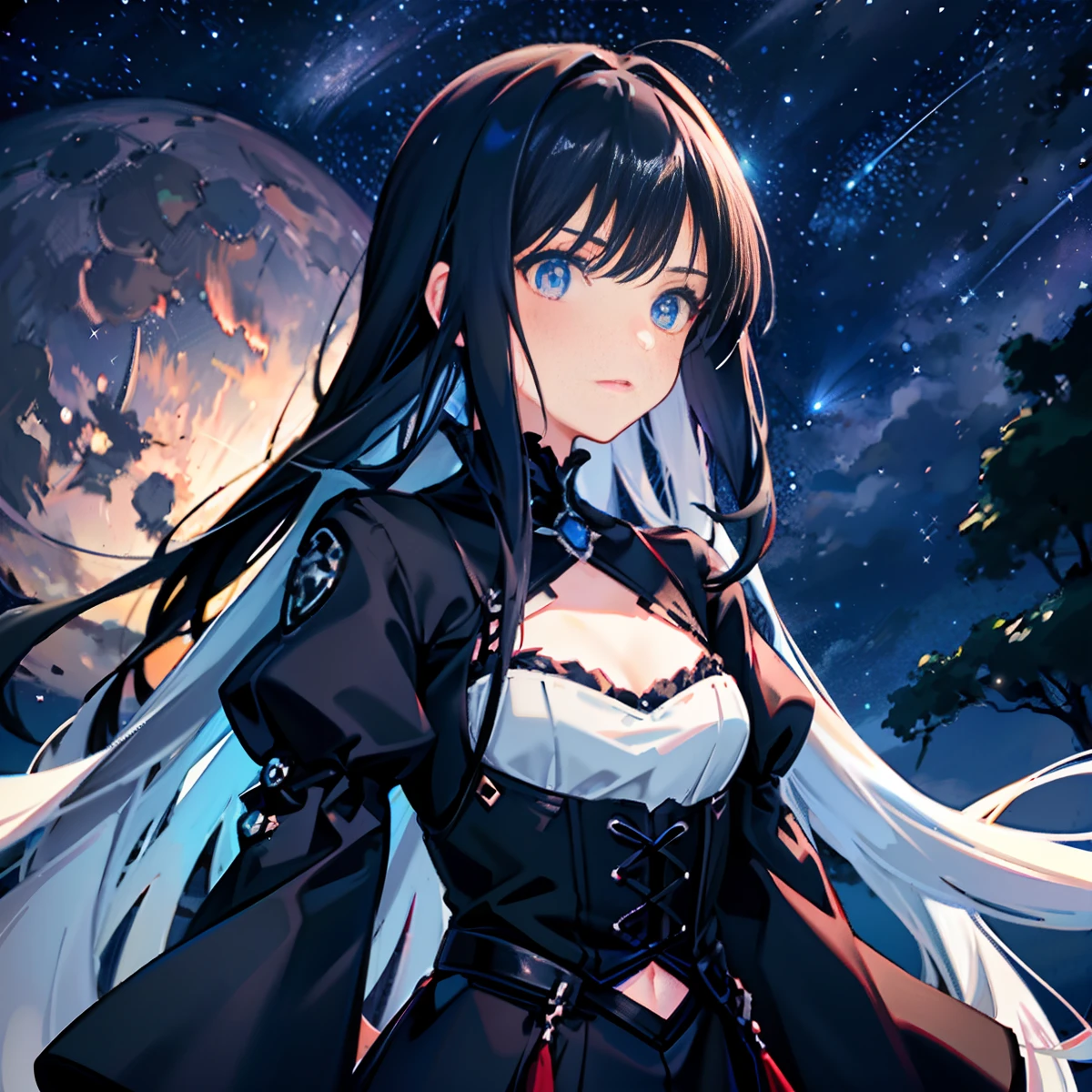 1girl, solo, long hair, sky, black hair, star (sky), looking at viewer, long sleeves, starry sky, bangs, closed mouth, blue eyes, night, cloud, shooting star, from side, night sky, outdoors,beach, sleeves past wrists, wide sleeves, moon, breasts, very long hair, sidelocks, small breasts, belt, blush, looking to the side, gothic,blood red moon