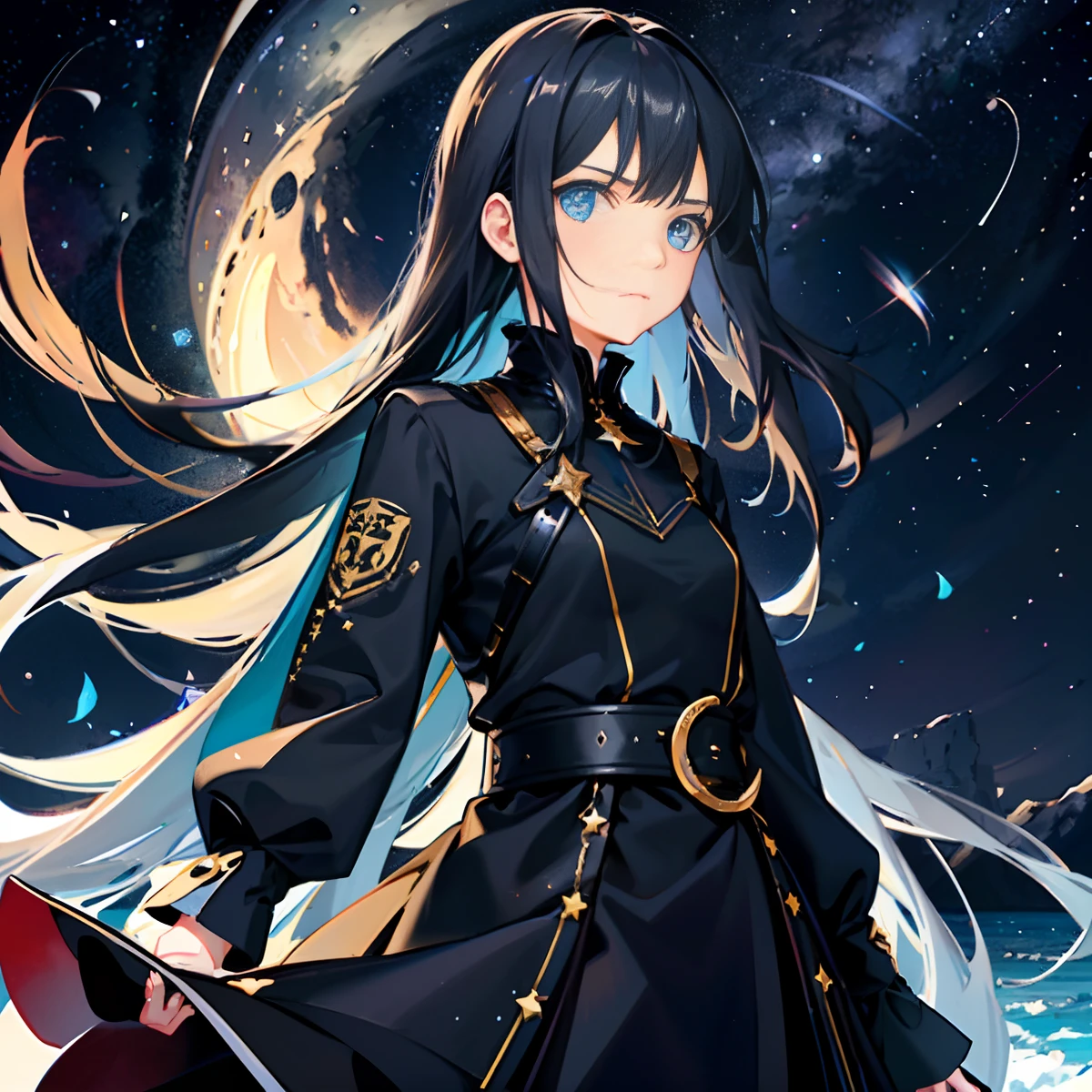 1girl, solo, long hair, sky, black hair, star (sky), looking at viewer, long sleeves, starry sky, bangs, closed mouth, blue eyes, night, cloud, shooting star, from side, night sky, outdoors, sleeves past wrists, wide sleeves, moon, breasts, very long hair, sidelocks, small breasts, belt, blush, looking to the side, black dress