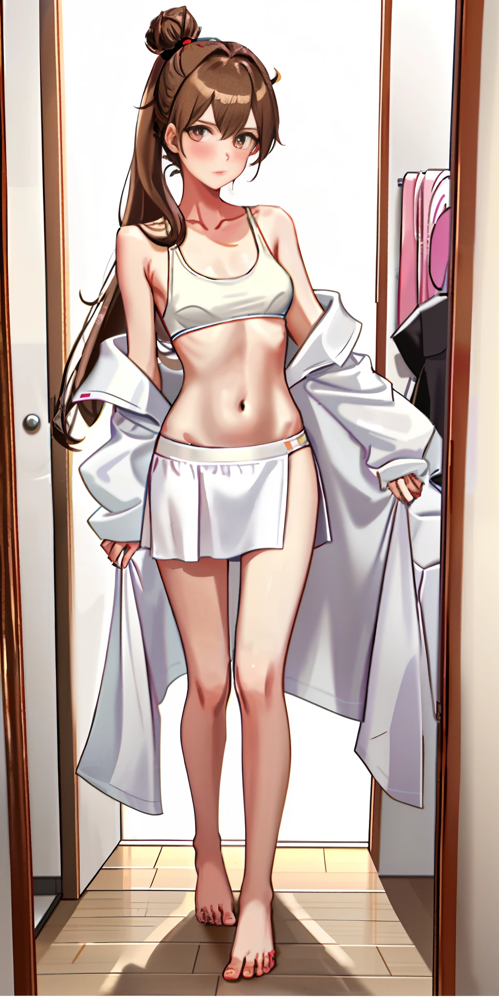 genderswap (mtf)，hair up，hair censor，（between legs）,changing room,collarbone,clothes lift，covered no himo，blush，parted lips，（1boy），navel，barefoot，alternate breast size，Topless，bottomless，standing，undressing，long hair，brown hair，nsfw，absurdres，bright pupils，covered chest，solo