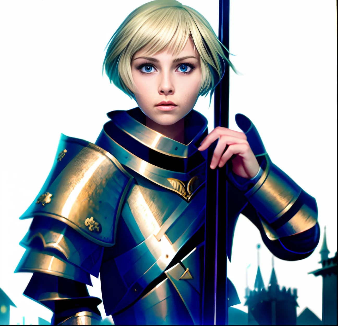 knight girl tower shield sword short blonde hair serious indifferent