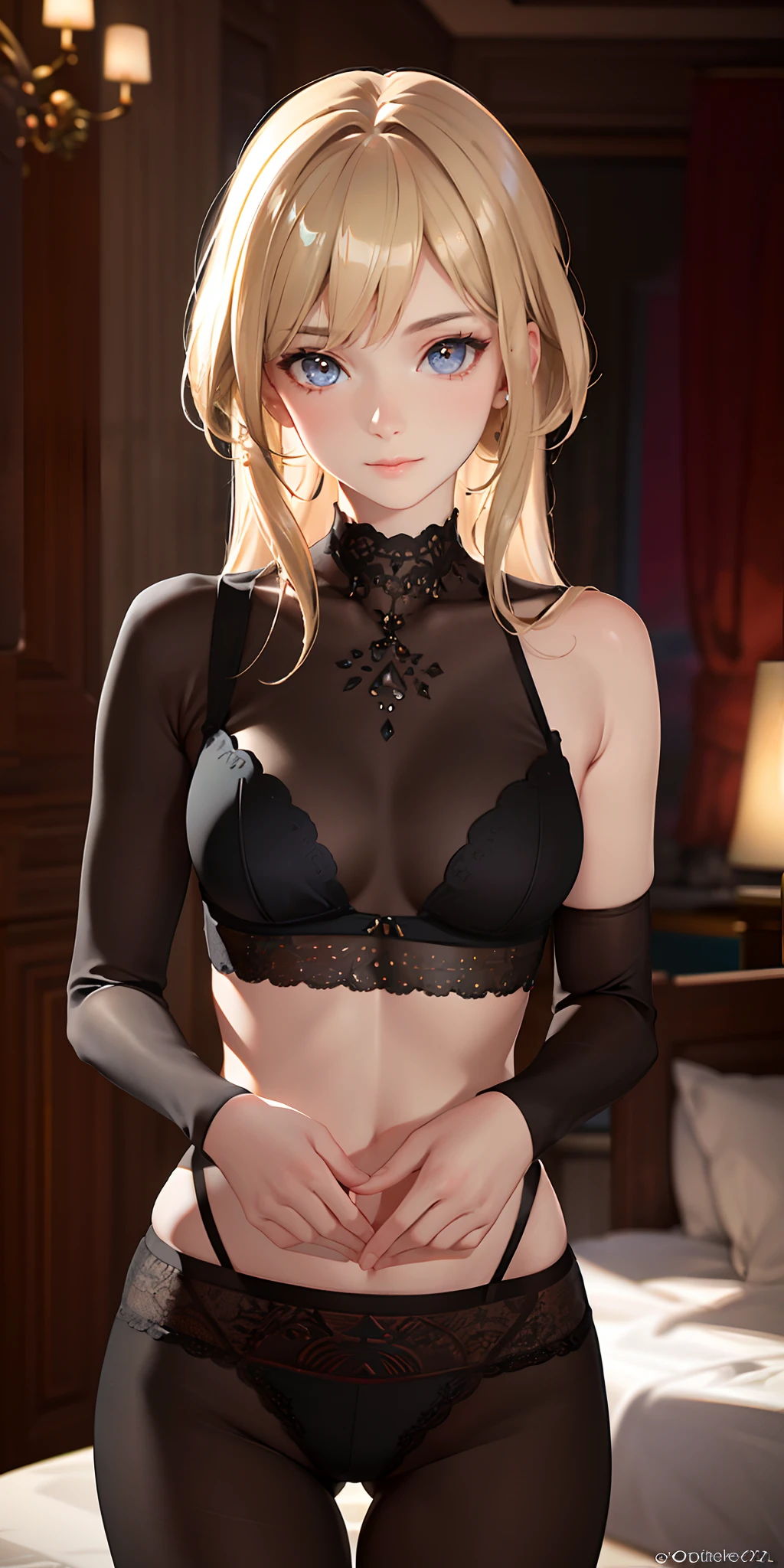 (realistic: 1.4), (masterpiece, sidelighting, finely detailed beautiful eye: 1.2), masterpiece*portrait, realistic, 3d face, glowing eyes, shiny hair, loss skin, solo, awkward, (midriff), black lace underwear, blonde hair,