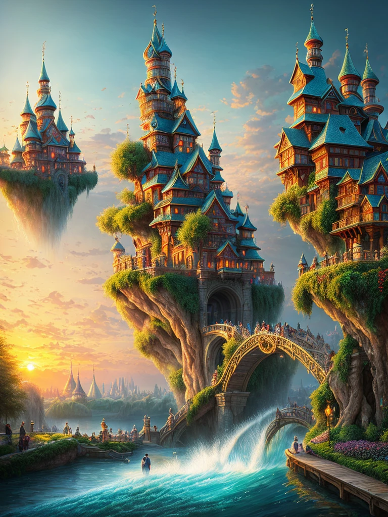 a theme park at sunset, people, intricate, water, river, topiary, walking paths, by paul chadeisson and ivan shishkin, intricate details, masterpiece, 8 k resolution, trending on art station, concept, cinematic composition, beautiful lighting, hyper detailed, highly detailed oil painting on canvas by elena zhurikhina from frozen trending at 16k resolution, smooth sharp focus illustration unreal engine octane, atmospheric atmosphere dramatic studio shot unreal engine 5 40mm photograph hdr volumetric light, roller coaster.