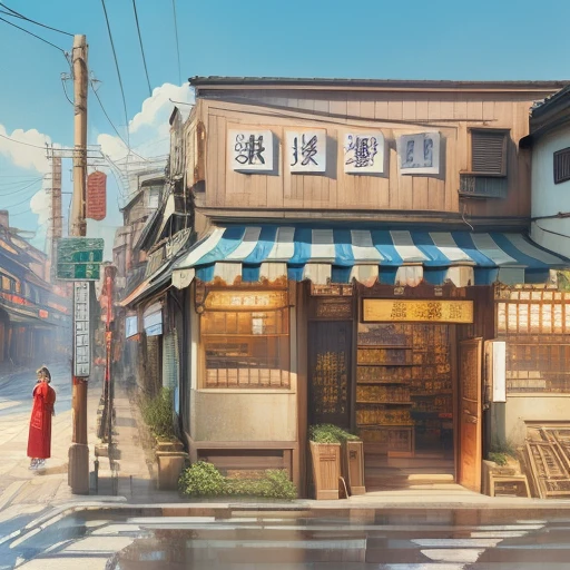 chinese building masterpiece, best quality, shop, real world, fantasy, Charming, modern, (no humans:1), Chinese-style modern stree, tbustling street, traditional architecture, lanterns, old-fashioned wooden signs, modern atmosphere.,
