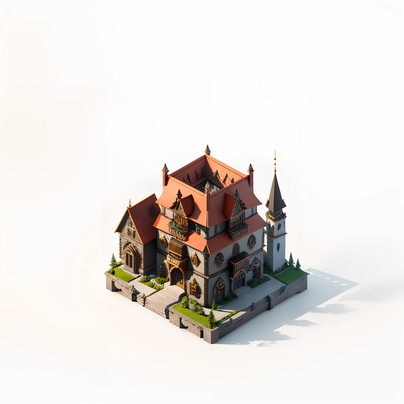 isometric perspective,white background,3D Render,realistic style,Magic Wizards house,Vray rendering,Art station, High quality, ultra-high definition details,concept design,monomer building,cinematic light, very high definition, high details, 8k, hyper realistic, high detail, Cinematic, 35mm lens, f/ 1. 8, global illumination,realistic lighting,Unreal Engine rendering,Substance 3D, Octane rendering,(hdr:1.3),Europeanizing architecture,