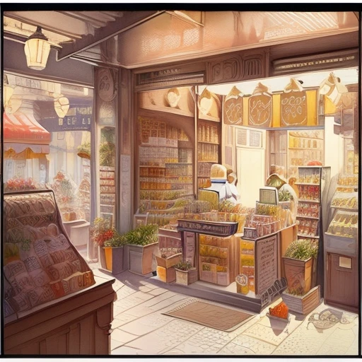 stock illustration style,watercolor children`s illustration,full details,realism,high detail,hyper quality,front view,architectural visualisation,soft illuminaotion,city,sop,street scenery,shop,illustrration,no human