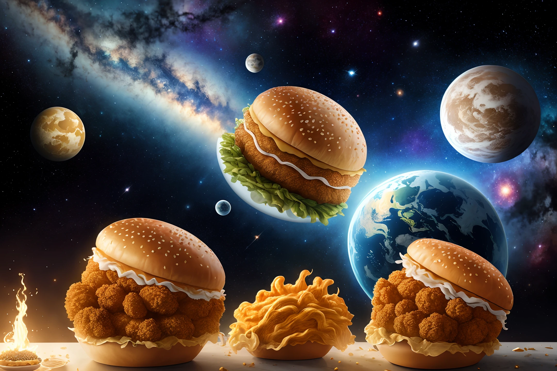 An ultra-realistic and detailed CG illustration with a colossal KFC burger floating against the backdrop of the cosmic universe. The burger has two fluffy and golden buns, crisp lettuce, perfectly-seasoned grilled beef, and a generous helping of melty cheeses.