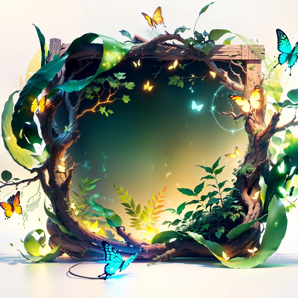 A masterpiece, best quality, (blank background), (blank in the middle), (extremely detailed CG unity 8k wallpaper), (best quality), (best illustration), (best shadow), UI interface The border design features natural elements of the forest theme. The avatar frame is designed in a round shape, surrounded by delicate leaves and branches, with fireflies and glowing particle effects, (UI interface frame design), (natural elements), (jungle theme), (square), (leaves) , (twigs), (fireflies), butterflies, (delicate leaves), (glow), (particle effects). , isometric 3D, octane rendering, ray tracing, super detailed