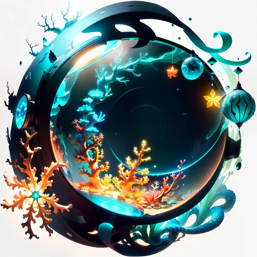 A masterpiece, best quality, (extremely detailed CG unity 8k wallpaper), (best quality), (best illustration), (best shadow), the UI interface frame design uses jungle-themed ocean elements. The avatar frame is designed in a circle, surrounded by exquisite corals and fishes, glowing particle effects, bubbles, (UI interface frame design), (natural elements), (jungle theme), (circle), (coral), ( Colorful Fish), (Glow), (Particle Effect). (multiple views of the same avatar frame), isometric 3D, octane rendering, ray tracing, ultra detailed