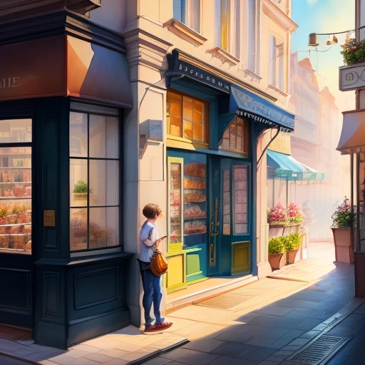 stock illustration style,watercolor children`s illustration,full details,realism,high detail,hyper quality,front view,architectural visualisation,soft illuminaotion,city,sop,street scenery,shop,illustrration,no human