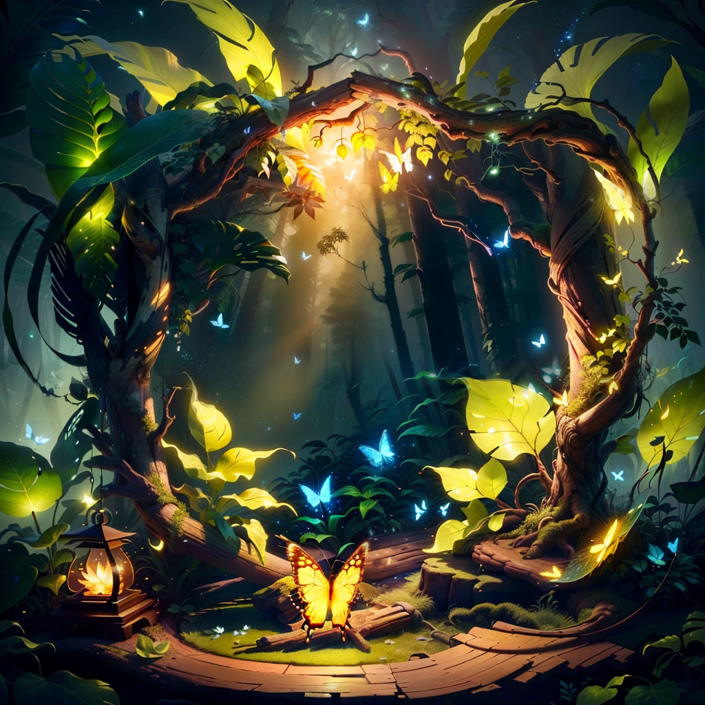 A masterpiece, best quality, (blank background), (blank in the middle), (extremely detailed CG unity 8k wallpaper), (best quality), (best illustration), (best shadow), UI interface The border design features natural elements of the forest theme. The avatar frame is designed in a round shape, surrounded by delicate leaves and branches, with fireflies and glowing particle effects, (UI interface frame design), (natural elements), (jungle theme), (square), (leaves) , (twigs), (fireflies), butterflies, (delicate leaves), (glow), (particle effects). , isometric 3D, octane rendering, ray tracing, super detailed