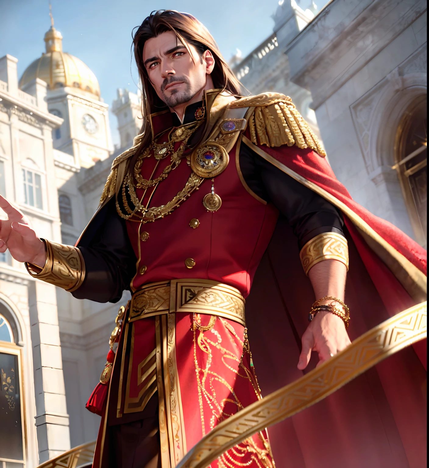 mature male, extremely muscular, brown eyes, long brown hair, scarlet silk jacket with gold embroidery, cape, black pants, outdoors, marble buildings, gold necklace, gold bracelet, 8k, Unreal engine, highly detailed, photorealistic