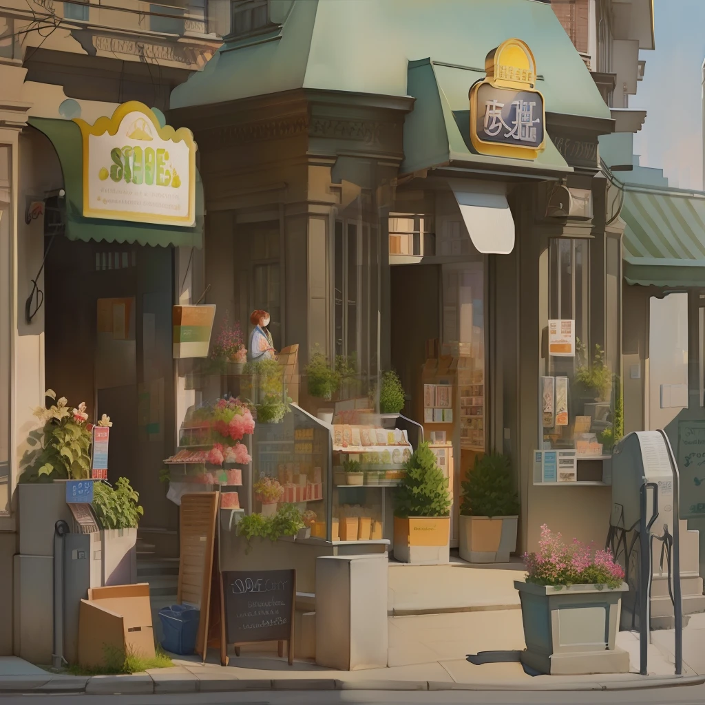 stock illustration style,watercolor children`s illustration,full details,realism,high detail,hyper quality,front view,architectural visualisation,soft illuminaotion,city,sop,street scenery,shop,illustrration,no human