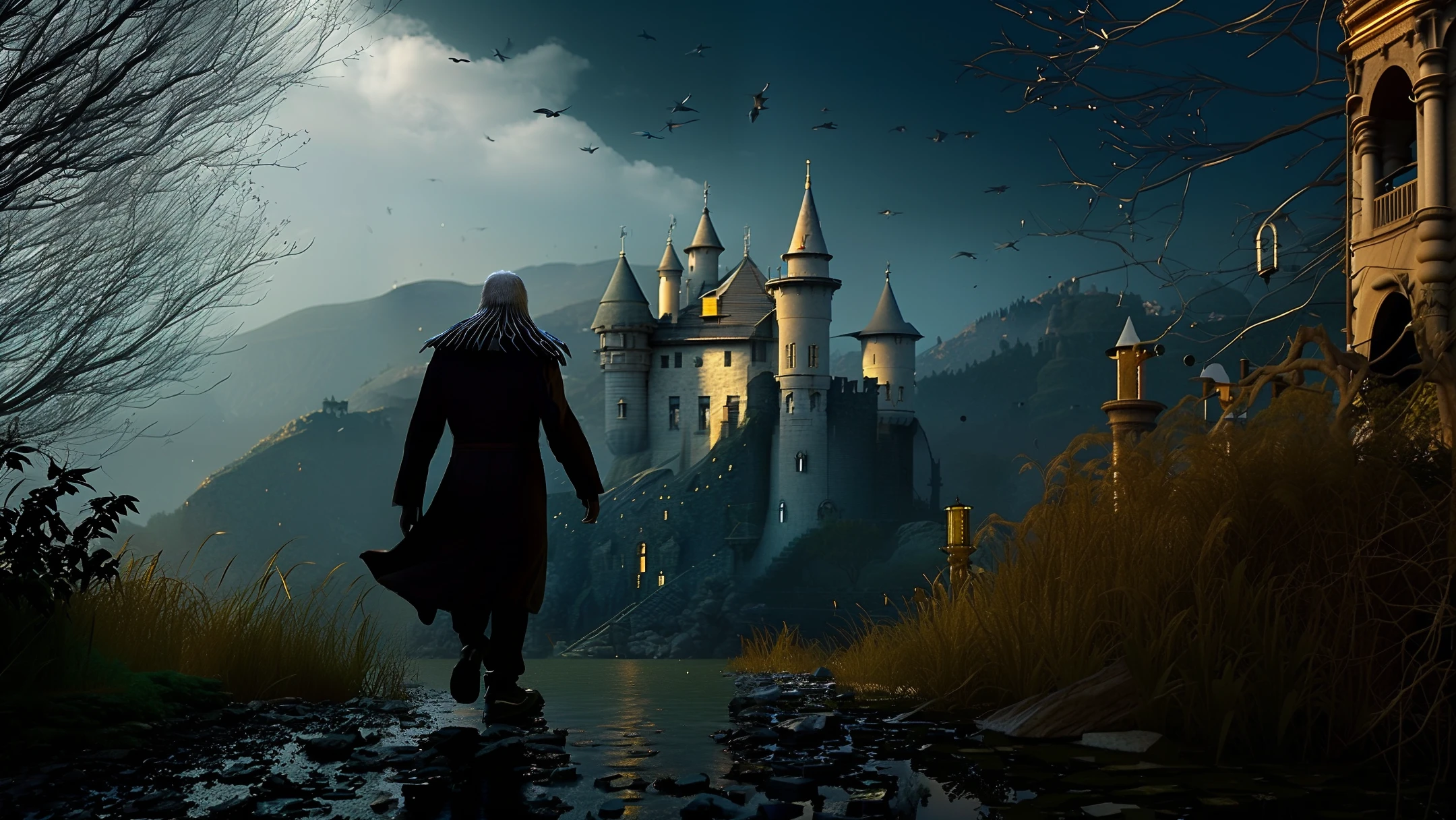 dramatic lighting, (masterpiece), best quality, ultra high res,a werewolf is running, a witch is flying in the sky, a vampire is hiding in the dark,night, outside the castle,(painted by Moebius),David Lynch's image style,golden ratio,details aesthetic octane render excellent composition natural textures 8k oil paining masterpiece canon eos r4s 50, 4k 8k uhd copyright