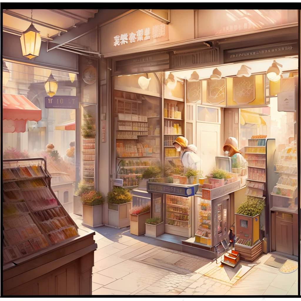 stock illustration style,watercolor children`s illustration,full details,realism,high detail,hyper quality,front view,architectural visualisation,soft illuminaotion,city,sop,street scenery,shop,illustrration,no human
